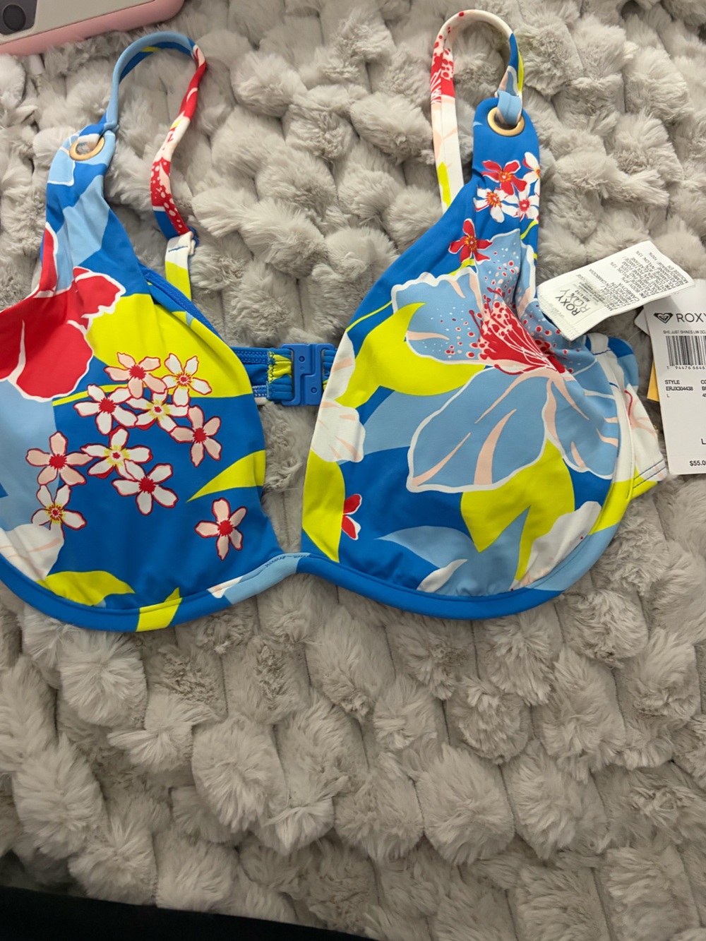 Roxy Women’s Bright Blue Tropical Floral Bikini Top LG